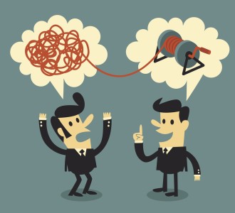 Cartoon men with speech bubbles, first has jumbled ideas, second solves them.